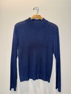 SLX 100% Silk Navy Blue Ribbed Mock Neck Sweater XL